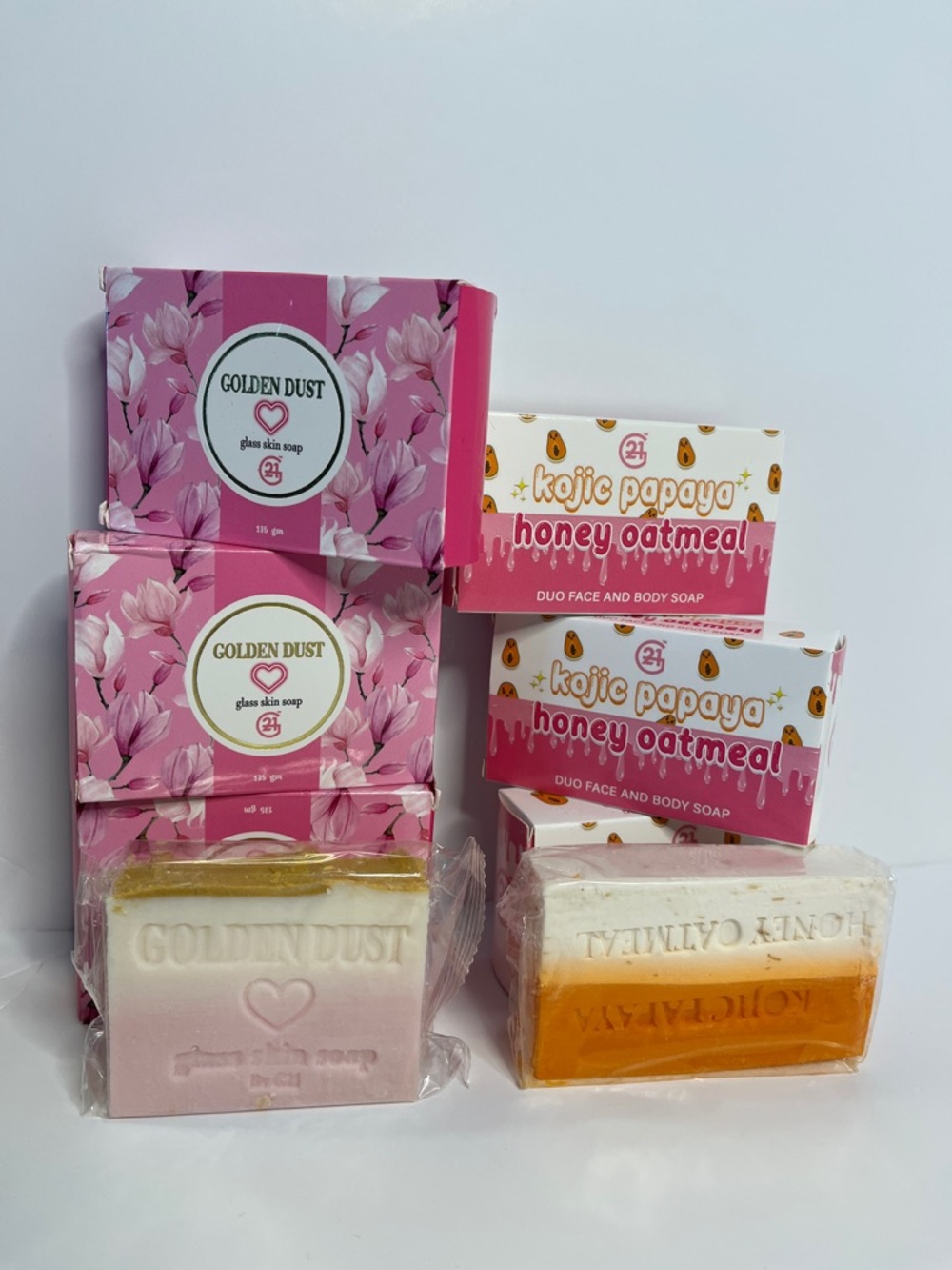 6 Soaps Kojic Papaya Honey Oatmeal Soap Duo & Golden Dust Glass Skin Soap/G21